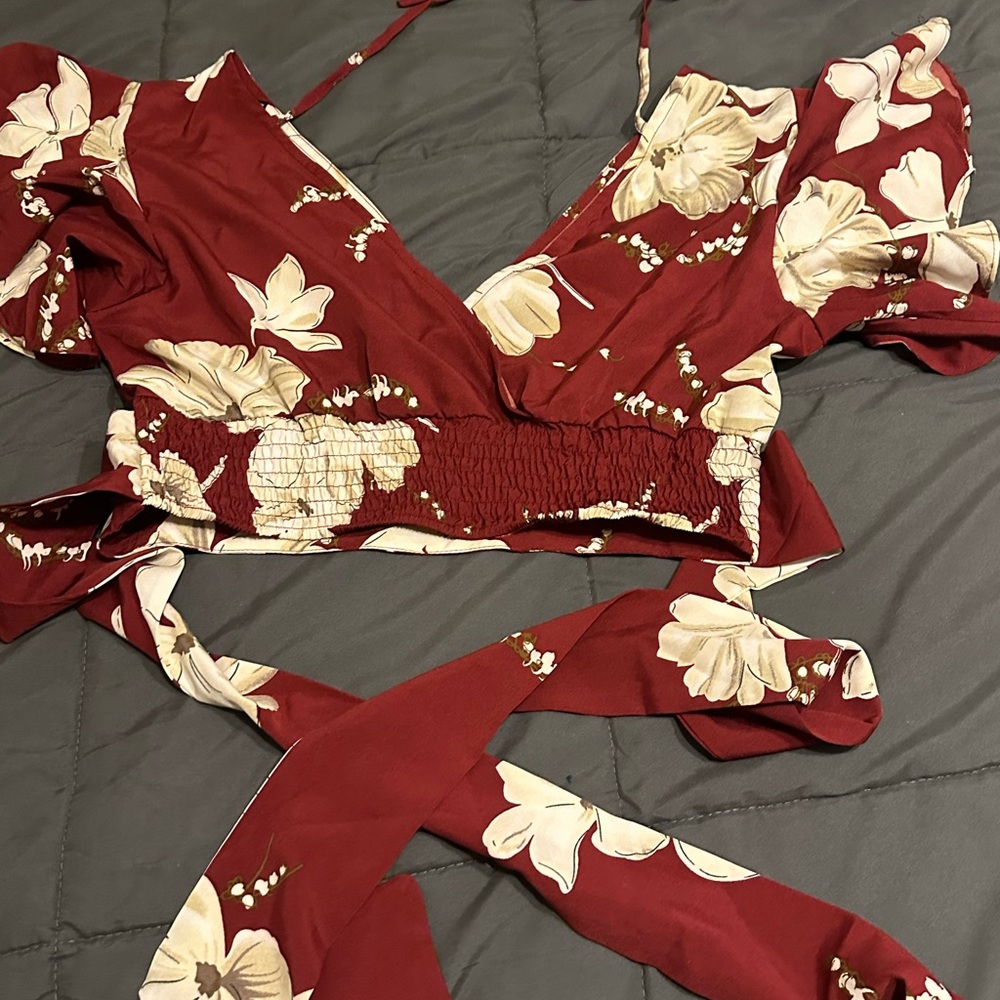 SHEIN Burgundy Floral Wrap Blouse